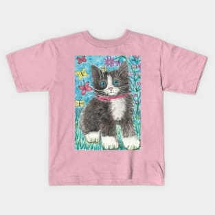 Tuxedo kitten cat  flowers Kids T-Shirt